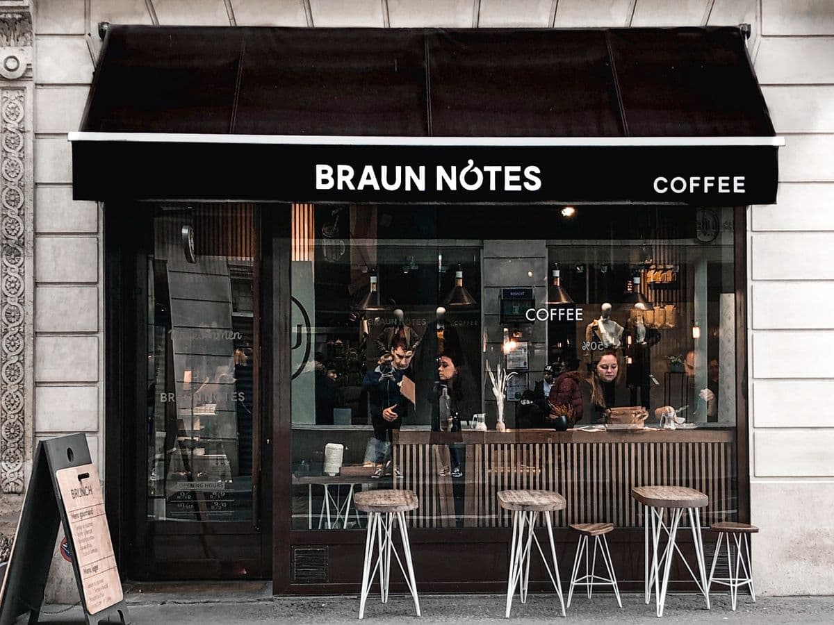 A clean coffee-shop storefront with a large, spotless display window